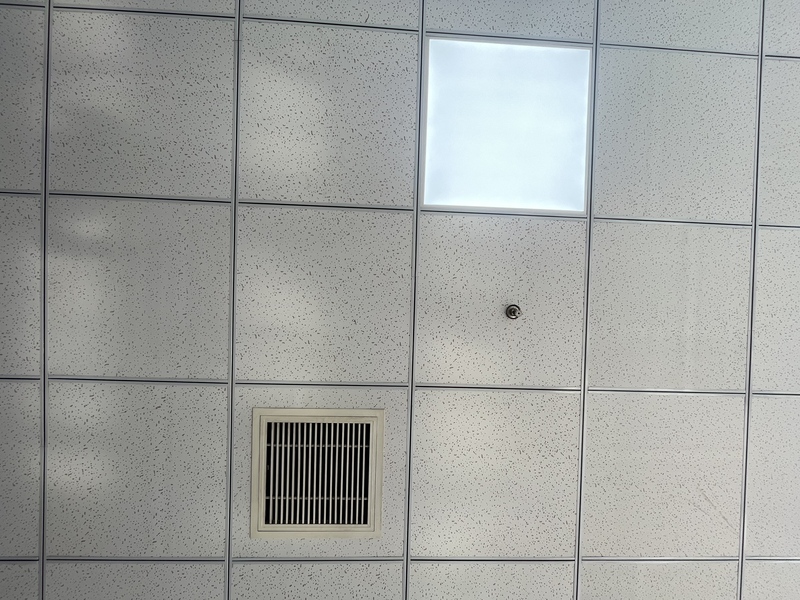 Finished Mineral Fiber Ceiling with Painted Steel T-Grid, Equipped with Panel Light, Air Vent & Fire Sprinkler