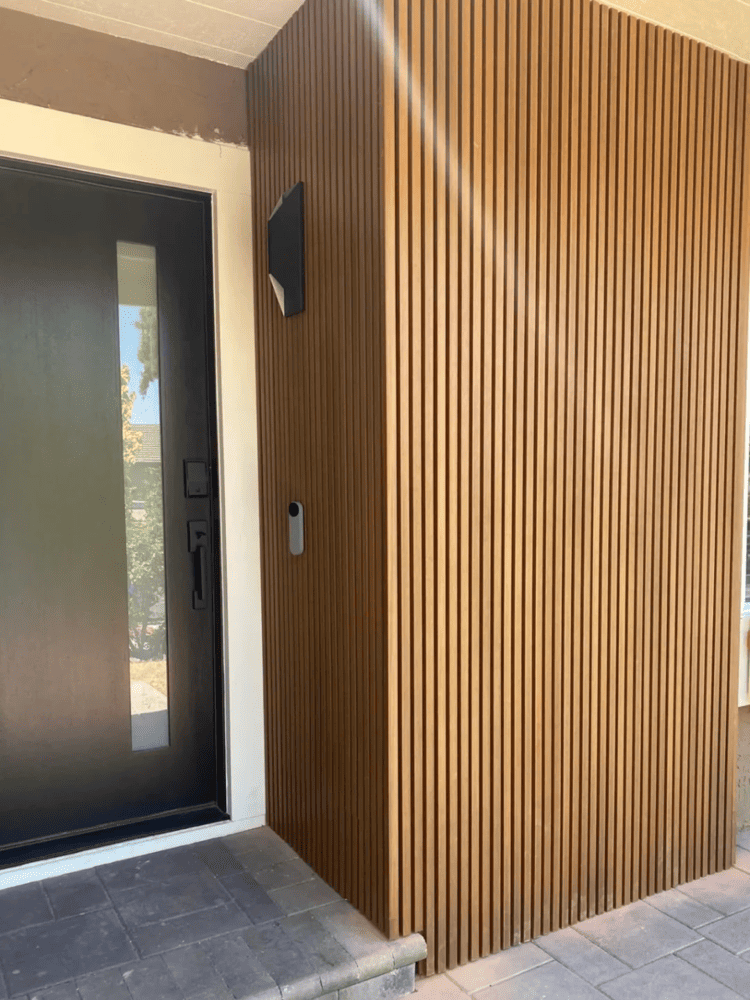 Exterior Decorative Wall with Brown Outdoor WPC Vertical Slats Beside Entry Door3
