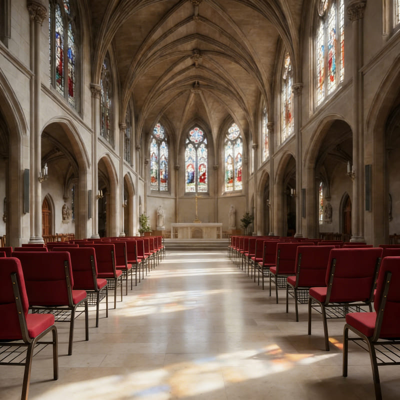 Rows Of Padded Red Church Chairs Inside Gothic‑Style Church
