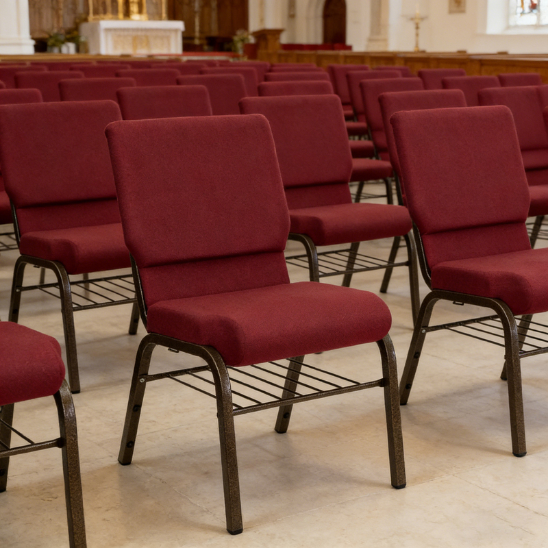 High‑Density Fabric Church Chair With Book Rack Under Seat