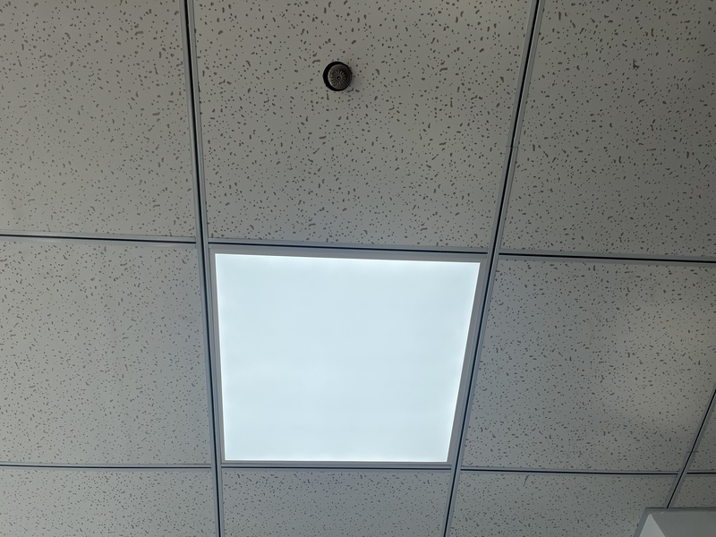 Close-up of Mineral Tile Suspended Ceiling with Painted T-Grid, LED Panel Light & Sprinkler Head